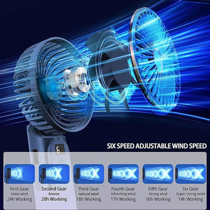 Portable Hand Fan, Mini Rechargeable Small Fan, 4000mAh Long-Lasting Battery Fan, 180° Foldable Table Fan, 6-Speed Quiet Fan with LED Display